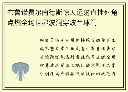 布鲁诺费尔南德斯惊天远射直挂死角点燃全场世界波洞穿波兰球门